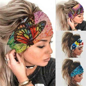 Wide Boho Headbands Headwrap Butterfly Stretch Button Hair Bands Bandana Yoga